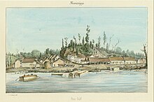 Lithograph of a watercolor of a frontier settlement set on a bluff made of yellow loess soil; pines grow amongst the log and frame buildings along the water, and several flatboats are anchored at the landing