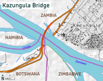 Karta över gränsområdet mellan Botswana, Namibia, Zambia och Zimbabwe vid Chobeflodens mynning i Zambezi