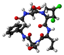 Ball-and-stick model of the cyclochlorotine molecule