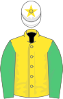 Yellow, emerald green sleeves, white cap, yellow star