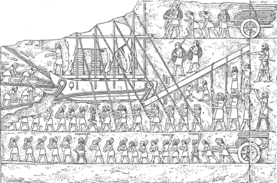 Transport d’una estàtua d’un bou alat durant la construcció de Nínive. Baix relleu del palau de Sennàquerib