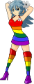 adult Wikipe-tan stretches while wearing a rainbow-flag-patterned cocktail dress and high-heel kneeboots