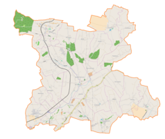 Mapa konturowa gminy Kocmyrzów-Luborzyca, u góry nieco na prawo znajduje się punkt z opisem „Skrzeszowice”