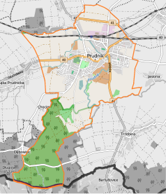 Mapa konturowa Prudnika, u góry po prawej znajduje się punkt z opisem „Kościół Miłosierdzia Bożego w Prudniku”