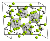 4 unit cells shown of a crystal structure that is skewed (not cubic) and has 8 bonds to a fluiride, for each metal (fluorides are 2 coordinate). Hard to resolve though even if you could see the picture.