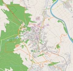 Mapa konturowa Leżajska, blisko centrum na lewo znajduje się punkt z opisem „Kalwaria Leżajska”