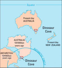 Map showing current and previous positions of Australia, with Dinosaur Cove outlined in red and the equator and Antarctic Circle shown for reference