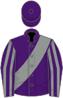 Purple, grey sash, striped sleeves