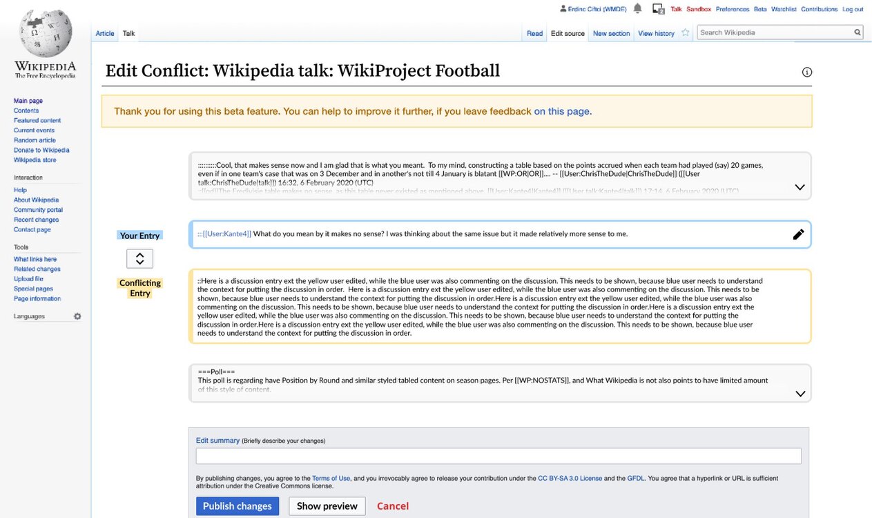 Example Screenshot of the additional edit conflict on talk pages interface. The conflicting comment is shown in the yellow box. My comment is show in the blue box underneath.