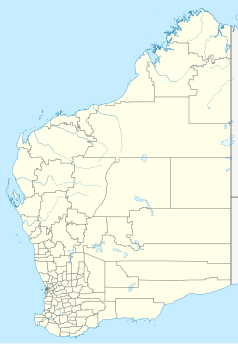 Mapa konturowa Australii Zachodniej, na dole po lewej znajduje się punkt z opisem „Wundowie”