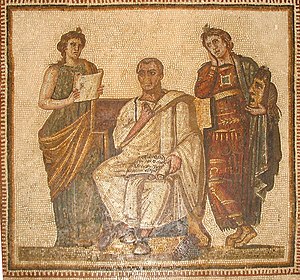 Mosaic of a person sitting between two muses