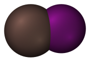 Image représentant deux sphères partiellement emboîtées, l'une un peu plus petite qui est l'iode, formant un modèle compact de l'iodure d'astate.