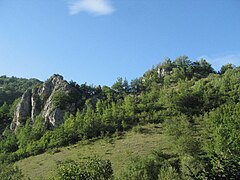 Le piton rocheux de Niort (vue sud). Le deuxième sommet (à droite) était celui du donjon et le château s'étendait à l'est (vers la droite).