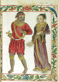 An elaborate border frames a full length illustration one would associate with a manuscript of a man and woman. The dark-skinned man dressed in a red tunic, breeches, and bandanna and wearing a gold chain is looking pleasantly over his shoulder in the direction of the fair woman who, garbed in a dark gold-fringed dress that covers the length of her body except her bare feet, has the faintest hints of a smile.