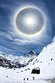 A 22° halo around the Sun, as seen in the sky over Annapurna Base Camp, Annapurna, Nepal