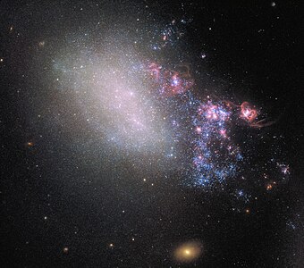 Η βαρυτική αλληλεπίδραση ανάμεσα στους NGC 4485 και NGC 4490 έχει δημιουργήσει μία «γέφυρα» υλικού μήκους περίπου 25 χιλιάδων ετών φωτός.[8] (ESA/Hubble, NASA)