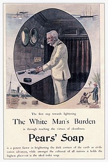 肥皂廣告，以the White Man's Burden, 鼓勵白人去教其他的種族學會清潔。