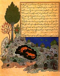 The jackals Kalila and Dimna in their den. Herat school, 1431