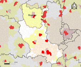 Localisation de l'aire d'attraction de Roanne dans le département de la Loire.