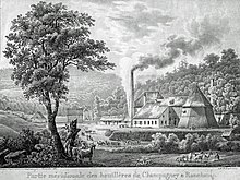 Black and white engraving: the mine building features a chimney and pyramidal tower in the middle of a rural landscape.