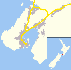 Mapa konturowa Wellington, blisko centrum na lewo znajduje się punkt z opisem „Dom rodzinny Katherine Mansfield”