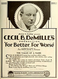 Sepia toned advertisement for "For Better, For Worse" with a headshot of DeMille at the top