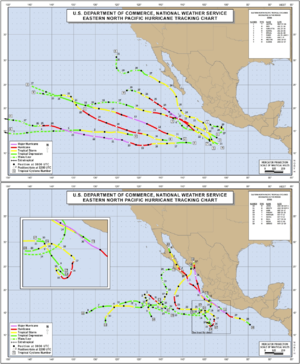 Illustration of two maps displaying a summary of the 2006 Pacific hurricane season as provided by NOAA, which depicts activity off the western coast of Mexico