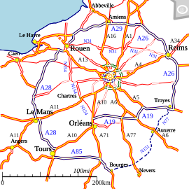 A26, A28, A29 et A19 : segments de la plus grande des boucles contournant Paris.