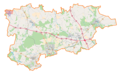 Mapa konturowa powiatu zgierskiego, po lewej nieco u góry znajduje się punkt z opisem „Parzęczew”