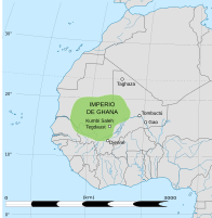 L'Imperiu de Ghana na so máxima estensión, en redol al 1050.