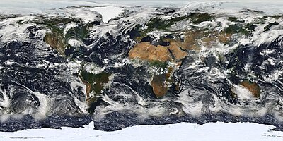 Saamgestelde Nasa-satellietbeeld van die Aarde, gebaseer op waarnemings van die matige-resolusie beeldvormende spektroradiometer (MODIS) soos op 11 Julie 2005.