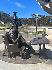 Bronze statue of Dr. Seuss and his character The Cat in the Hat outside the library