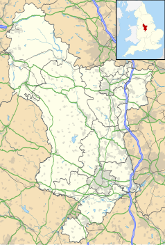 Mapa konturowa Derbyshire, na dole nieco na lewo znajduje się punkt z opisem „Church Broughton”