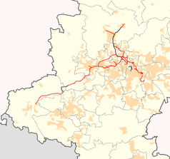 Mapa konturowa górnośląskich kolei wąskotorowych, w centrum znajduje się punkt z opisem „Gliwice Wąskotorowe”