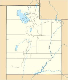 Mapa konturowa Utah, blisko lewej krawiędzi u góry znajduje się punkt z opisem „Danger Cave”