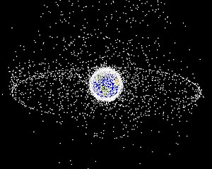 Earth from space, surrounded by small white dots