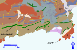 Carte géologique schématisée en couleur dessinée avec le logiciel Inkscape.