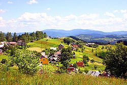 Pohled ze svahu Odchodzitej na osadu Pietraszyn. V pozadí Beskid Żywiecki