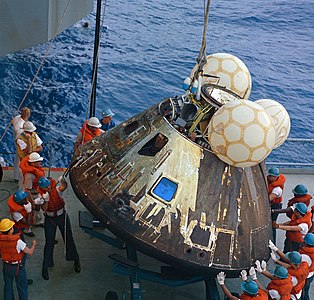 Apollo 13 load on deck of USS Iwo Jima