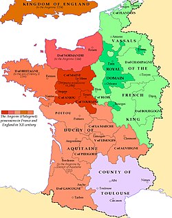 The Kingdom of France in 1154. French royal domain in dark green.