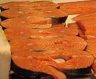 Salmon steaks on display