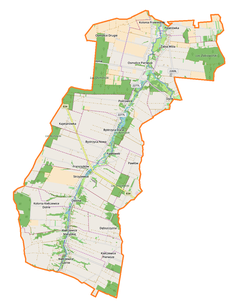 Mapa konturowa gminy Strzyżewice, na dole znajduje się punkt z opisem „Cmentarz wojennyKiełczewice Maryjskie”