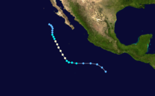 The storm path of Hurricane Boris. It starts south of Mexico, continues movement offshore, before eventually stopping east of Baja California