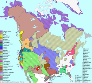 This map shows the distribution of North American language families north of Mexico.