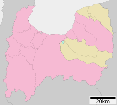 Mapa konturowa prefektury Toyama, u góry po prawej znajduje się punkt z opisem „Powiat Shimoniikawa”