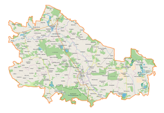 Mapa konturowa powiatu lubartowskiego, blisko centrum na prawo znajduje się punkt z opisem „Zabiele”