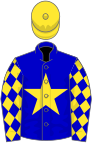 Blue, yellow star, diamonds on sleeves, yellow cap