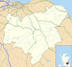 Mapa konturowa Scottish Borders, blisko centrum na prawo znajduje się punkt z opisem „Jedburgh”