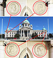 Facade medallions (from left: Demosthenes, Cicero, Pallas Athena, and Pericles), House of the National Assembly of the Republic of Serbia