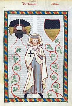 Der Tannhäuser en la granda mezepoka kanta manuskripto Codex Manesse, ĉirkaŭ la jaro 1300